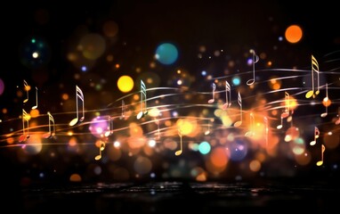 Colorful musical notes and lights forming an energetic and lively background
