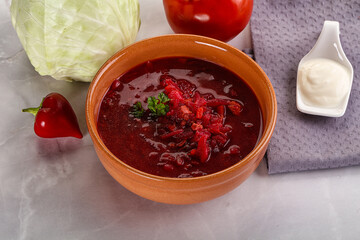 Borsch soup with cabbage and beetroot