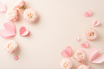 Cherish your radiant sweetheart with this Valentine's composition! Top view capturing vibrant rose buds and affectionate emblems against a delicate beige background. Ample space for your words or ads - obrazy, fototapety, plakaty