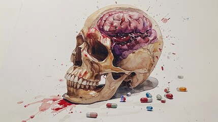 a watercolor painting of a skull with a brain exposed skull and crossbones