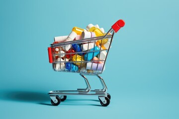 Shopping cart full of colorful pills on blue background, medical concept, Shopping cart full of pills and bottles with medicines on a blue background, AI Generated