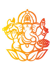 Hindu God of Beginnings, Ganesha, on Lotus Flower. Silhouette vector in red-orange gradient