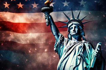 Gordijnen Statue of Liberty and USA flag on the background. 3D illustration, Statue of Liberty with fireworks against the backdrop of the American flag, AI Generated © Ifti Digital