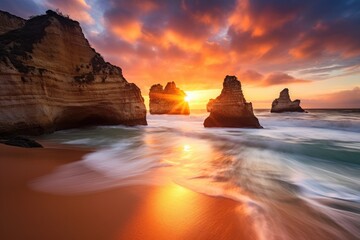 Beautiful sunset at Praia da Tijuca, Algarve, Portugal, Sunset at the beach in Lagos, Portugal, captured through a long exposure, AI Generated