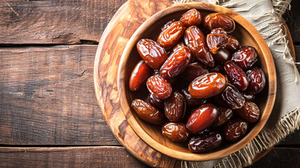 Fototapeta premium sweet dates out of wooden plate on rustic wooden table, Eid mubarak background