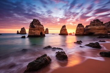Sunset at Lagos, Algarve region, Portugal, Sunset at the beach in Lagos, Portugal, captured through a long exposure, AI Generated