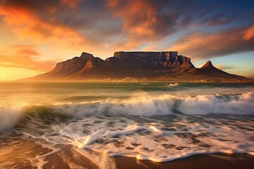 Sunset over Table Mountain, Cape Town, South Africa, Africa, Sunset Beach near Cape Town, View of Table Mountain, AI Generated
