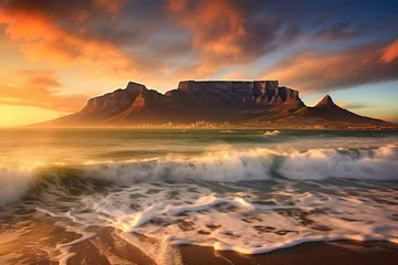Photo sur Plexiglas Montagne de la Table Sunset over Table Mountain, Cape Town, South Africa, Africa, Sunset Beach near Cape Town, View of Table Mountain, AI Generated