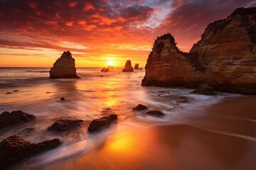 Sunset over the Twelve Apostles, Great Ocean Road, Victoria, Australia, Sunset at the beach in Lagos, Portugal, captured through a long exposure, AI Generated - obrazy, fototapety, plakaty