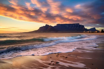 Papier Peint photo autocollant Montagne de la Table Beautiful sunset over Table Mountain in Cape Town, South Africa, Sunset Beach near Cape Town, View of Table Mountain, AI Generated