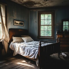 Interior of a bedroom at night with a window