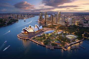 Panoramic aerial view of the Sydney Opera House, Sydney, Australia, Landscape aerial view of the...