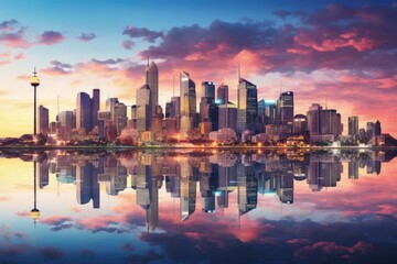 Chicago skyline at sunset with reflection in lake Michigan, Illinois, USA, Sydney City panoramic view, Australia, July, Skyscrapers reflected in the water, AI Generated