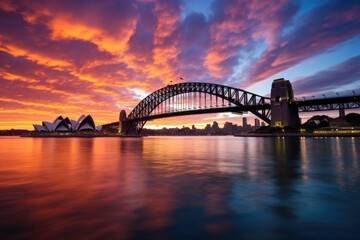 Fototapeta na wymiar Sydney Harbour Bridge at sunset with beautiful sky, Australia, Sydney Harbour Bridge at sunset, AI Generated