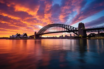 Fototapete Sydney Harbour Bridge Sydney Harbour Bridge at sunset with beautiful sky, Australia, Sydney Harbour Bridge at sunset, AI Generated