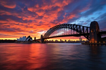 Fototapeta na wymiar Sydney Harbour Bridge and city skyline at sunset, Australia, Sydney Harbour Bridge at sunset, AI Generated
