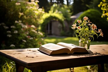 Open book on a table in the garden with flowers in the foreground