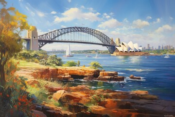 Sydney Opera House and Sydney Harbour Bridge, Australia. Digital painting, Sydney Harbour view with the Opera House, bridge, and rocks in the foreground, AI Generated