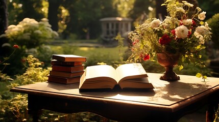 Open book on a table in the garden with flowers in the foreground