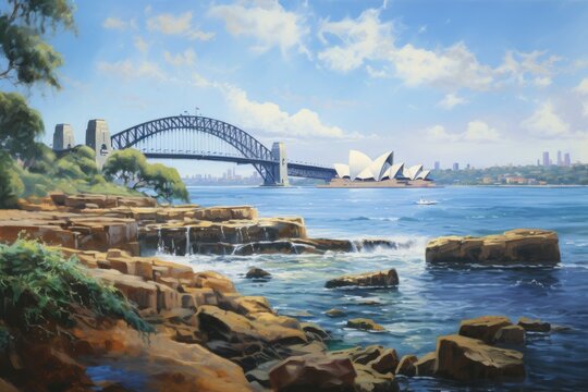 Sydney Harbour Bridge, Australia. Oil painting on canvas, Sydney Harbour view with the Opera House, bridge, and rocks in the foreground, AI Generated