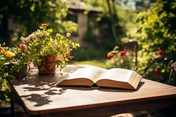 Open book on a table in the garden