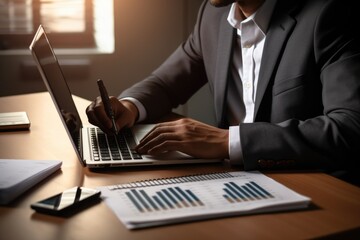 businessman working with laptop computer and digital tablet and financial graph on wooden desk in office, Tax concept, Businessman analyzing financial data with a calculator and laptop, AI Generated