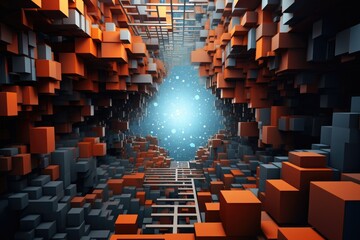 Obraz premium This image showcases a room brimming with numerous orange and black cubes, creating a vibrant and visually striking display, The fourth dimension wallpaper, AI Generated