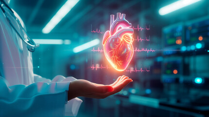 Holographic Heart Diagnostics. Doctor examining a holographic human heart with ECG in a high-tech lab.Concept - obrazy, fototapety, plakaty