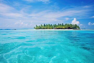 Discover the tranquility of a small island surrounded by endless ocean, an idyllic escape from the busy world, The Maldives sea scenery, AI Generated