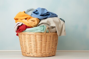 Laundry basket full of clothes on a wooden table and gray background