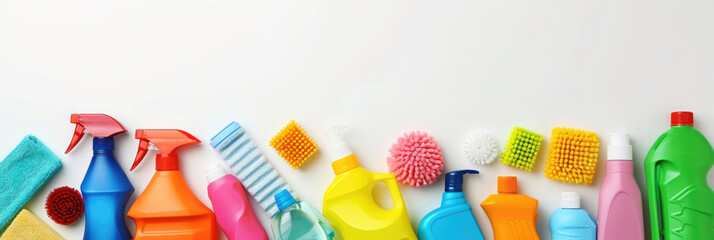 a set of cleaning products, laid out along the outline at the bottom, empty space for text at the top - obrazy, fototapety, plakaty