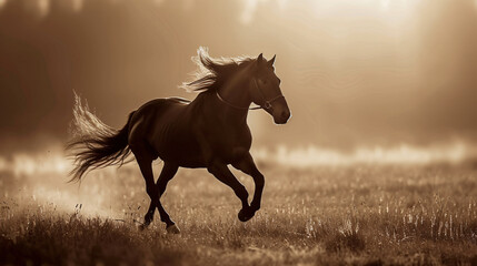 A majestic horse galloping freely across a field its mane flowing in the wind embodying strength and grace.