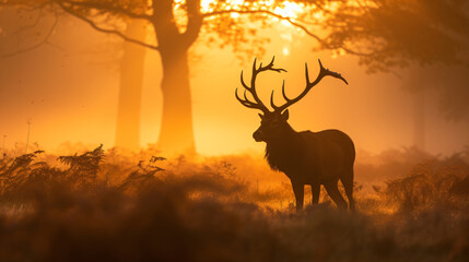 A majestic stag standing in a misty forest at dawn its antlers silhouetted against the soft light embodying wilderness and tranquility.