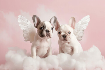 two french bulldog angels on a cloud in front of a pink sky