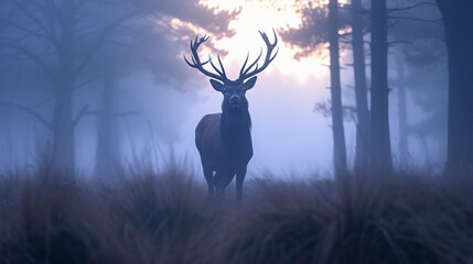 A majestic stag standing in a misty forest at dawn its antlers silhouetted against the soft light embodying wilderness and tranquility.