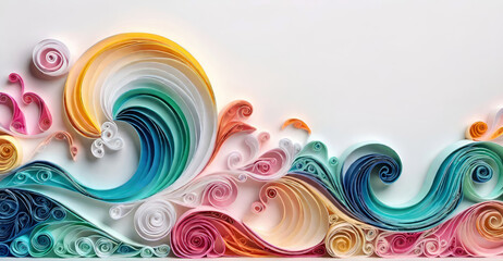 Quilling colorful 3D paper waves abstract pastel background on white with copy space for design and interior art decor. AI generated.