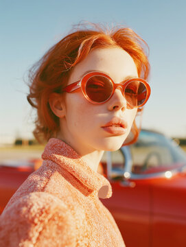 Portrait of a fashion woman with red hair in the style of the 1960s, wearing red sunglasses