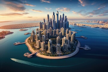 Experience the breathtaking beauty of a bustling metropolis situated in the midst of an expansive body of water, The Palm island panorama with Dubai Marina in the background aerial, AI Generated - obrazy, fototapety, plakaty
