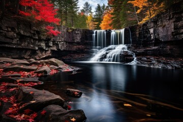 Majestic Waterfall in Enchanting Forest Inspires, The red maple leaves frame this beautiful waterfall in Algonquin Park at the peak of the fall colors, AI Generated