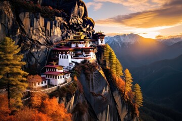 A breathtaking view of a towering building on top of a magnificent mountain peak, Tiger's Nest Temple, Paro Valley - Bhutan, AI Generated