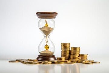 An hourglass filled with gold coins resting on a plain white background, Time is money concept with an hourglass and gold coins on a white background, AI Generated
