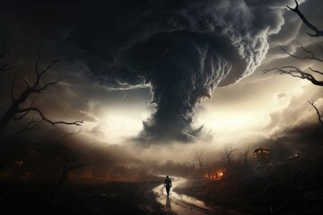 A man walks down a road, looking up at a massive cloud overhead, Tornado disaster concept, AI Generated