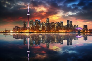 An urban landscape reflected in the serene waters, showcasing the stunning beauty and harmony between city and nature, Toronto City Skyline Reflection, AI Generated