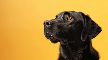Black handsome dog Labrador retriever sitting looking up or waiting for food 12 months old isolated on a yellow background with copy space.Concept pets love, animal life, humor, raising dogs.