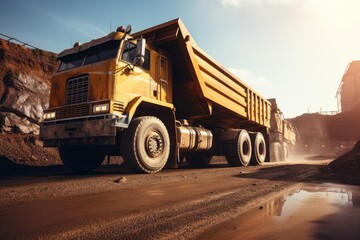 A dump truck drives along a dirt road, transporting heavy loads of material, Truck for loading bulk cargo of iron ore at a construction site, AI Generated