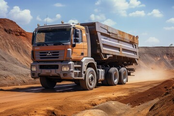 A dump truck driving down a dirt road in a rural area, Truck for loading bulk cargo of iron ore at a construction site, AI Generated