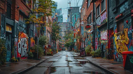 Papier Peint photo autocollant Marron profond A urban streets with graffiti buildings and paint signs