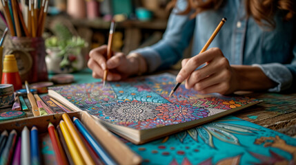 A mindful coloring session with intricate adult coloring books surrounded by art supplies. - obrazy, fototapety, plakaty