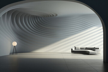 Creative modern wall and ceiling with abstract waves. Interior of a stylish futuristic spacious living room