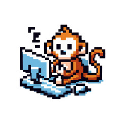 Monkey looking at pc with pixel art style